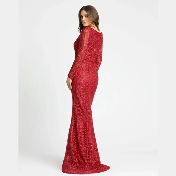 $598 Mac Duggal 20271 Size 18 Red Floral V-Neck Long Sleeve Maxi Gown Dress - Picture 4 of 4